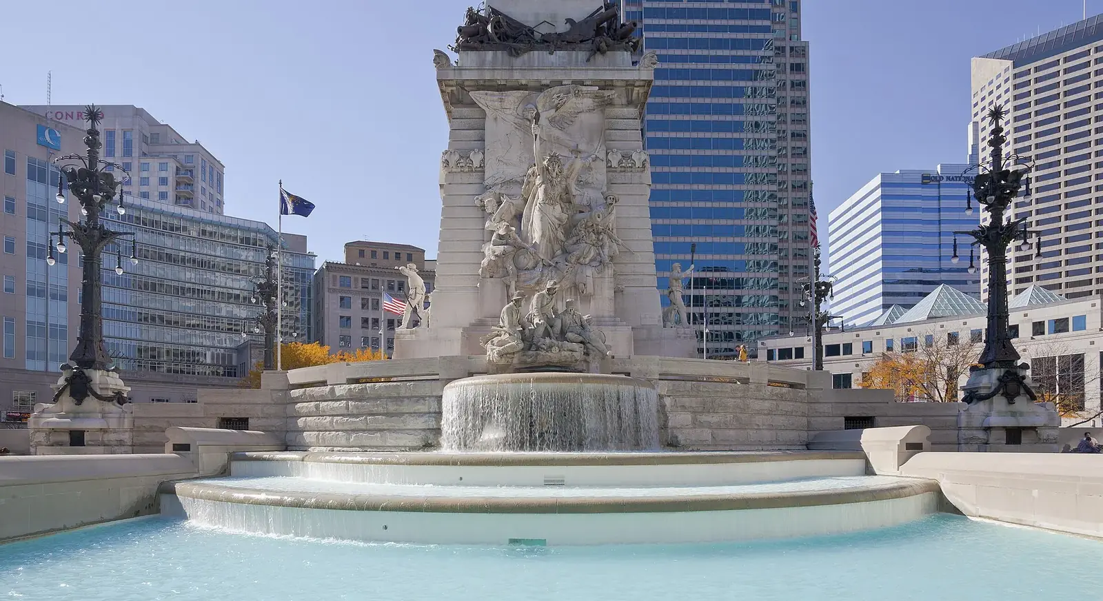 The Soldiers' and Sailors' Monument fountain on Monument Circle in downtown Indianapolis